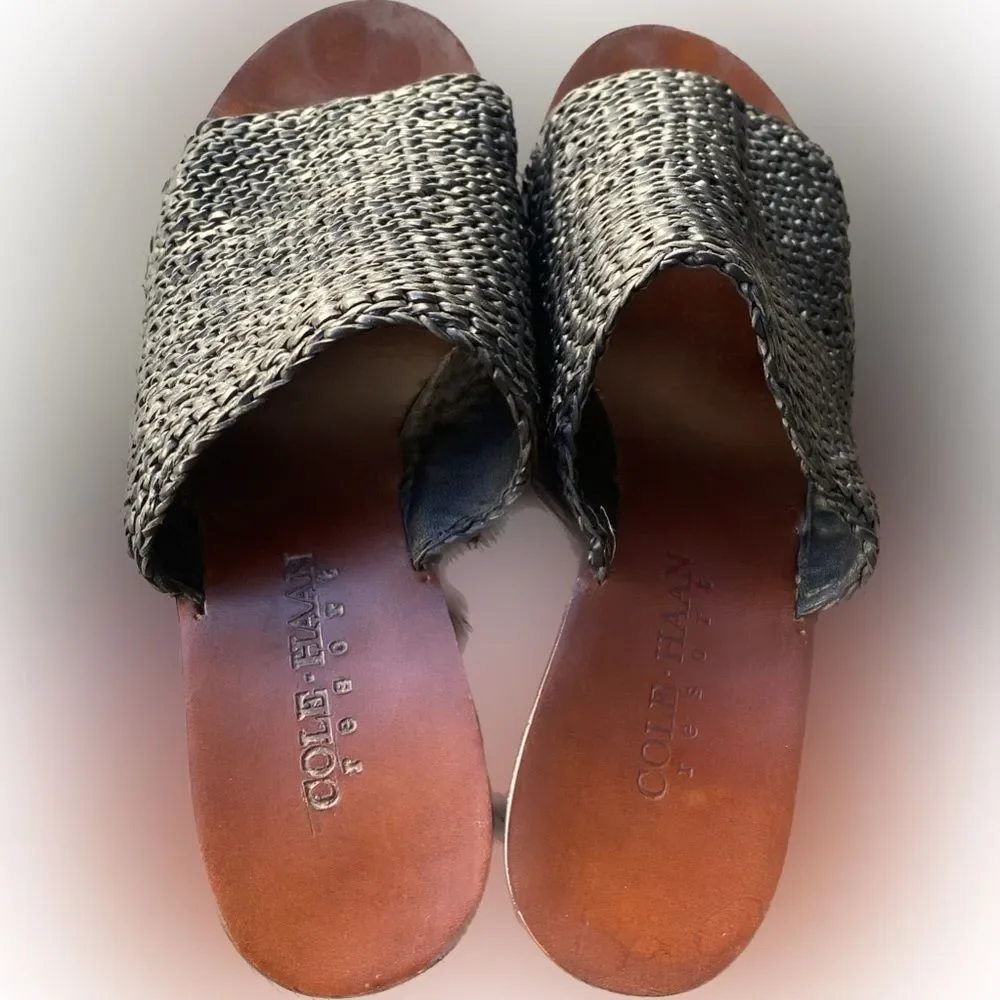 Vintage Cole Haan Resort Braided Woven Black Brown Leather Wedge Sandals 7M